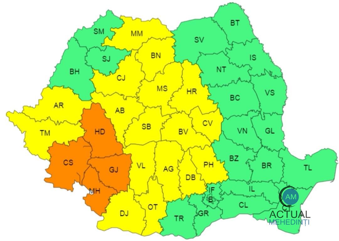 ANM a emis cod portocaliu de ploi și vijelii, pentru Mehedinți.
