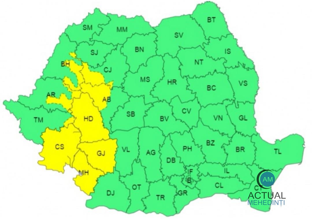 Cod galben de ploi și vijelii, emis pentru Mehedinți!