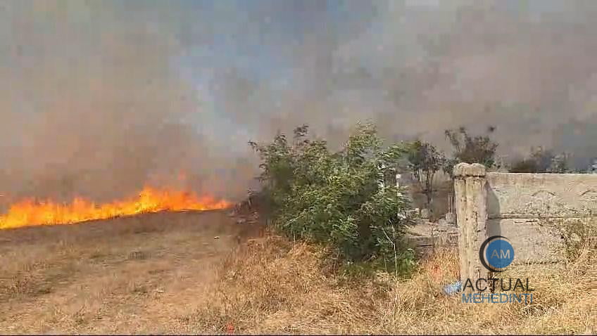 Sub amenințarea flăcărilor! Gospodării și case, în pericol! Focul se extinde de la vegetația uscată, spre sate.