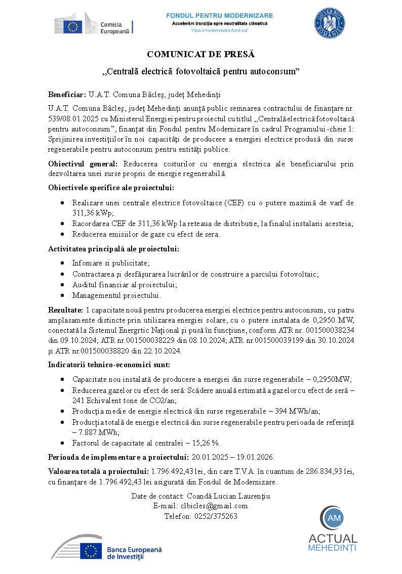 Comunicat de presă: ,,Centrală electrică fotovoltaică pentru autoconsum” – beneficiar : U.A.T. Comuna Bâcleş, judeţ Mehedinţi