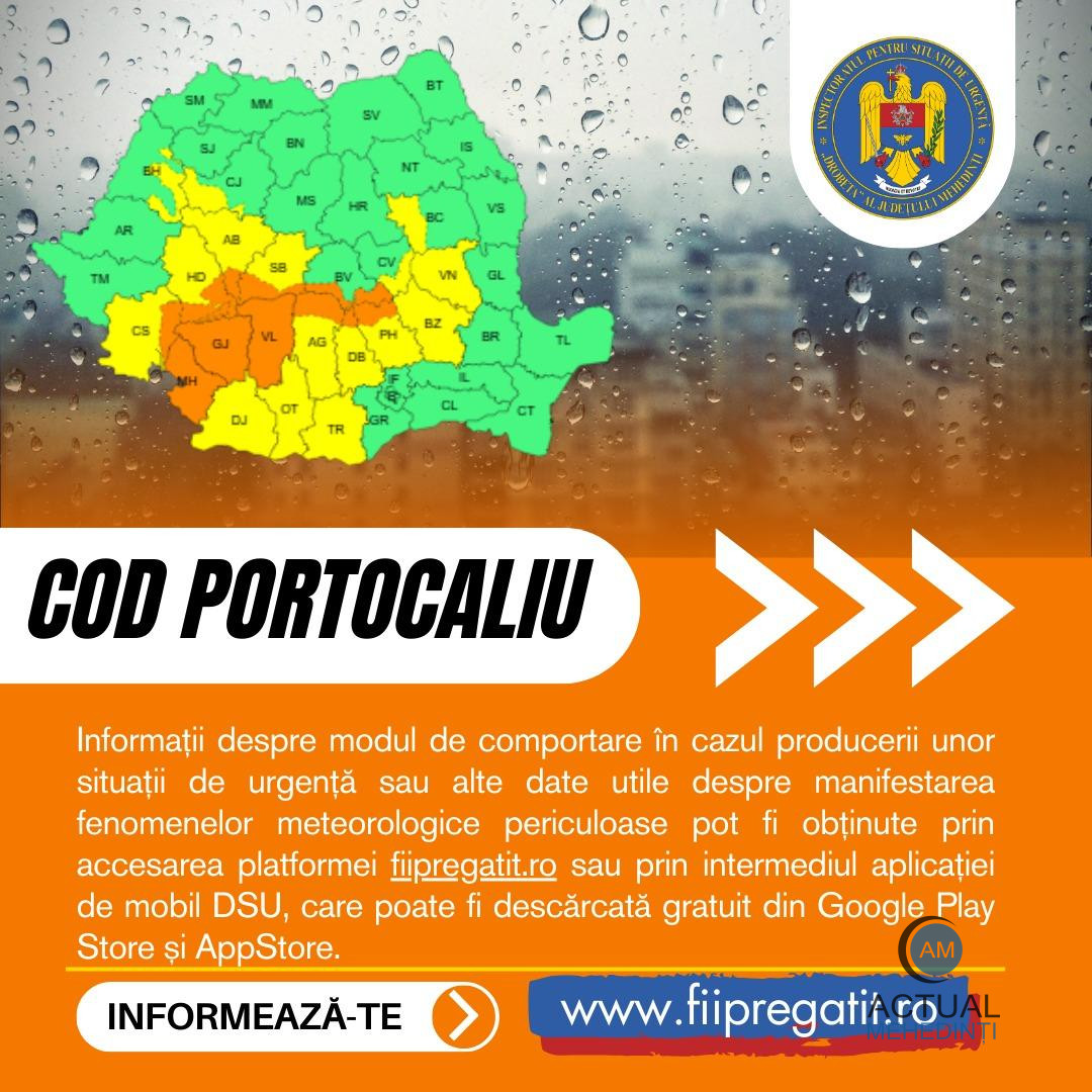 ANM a emis cod portocaliu de ploi pentru județul Mehedinți.