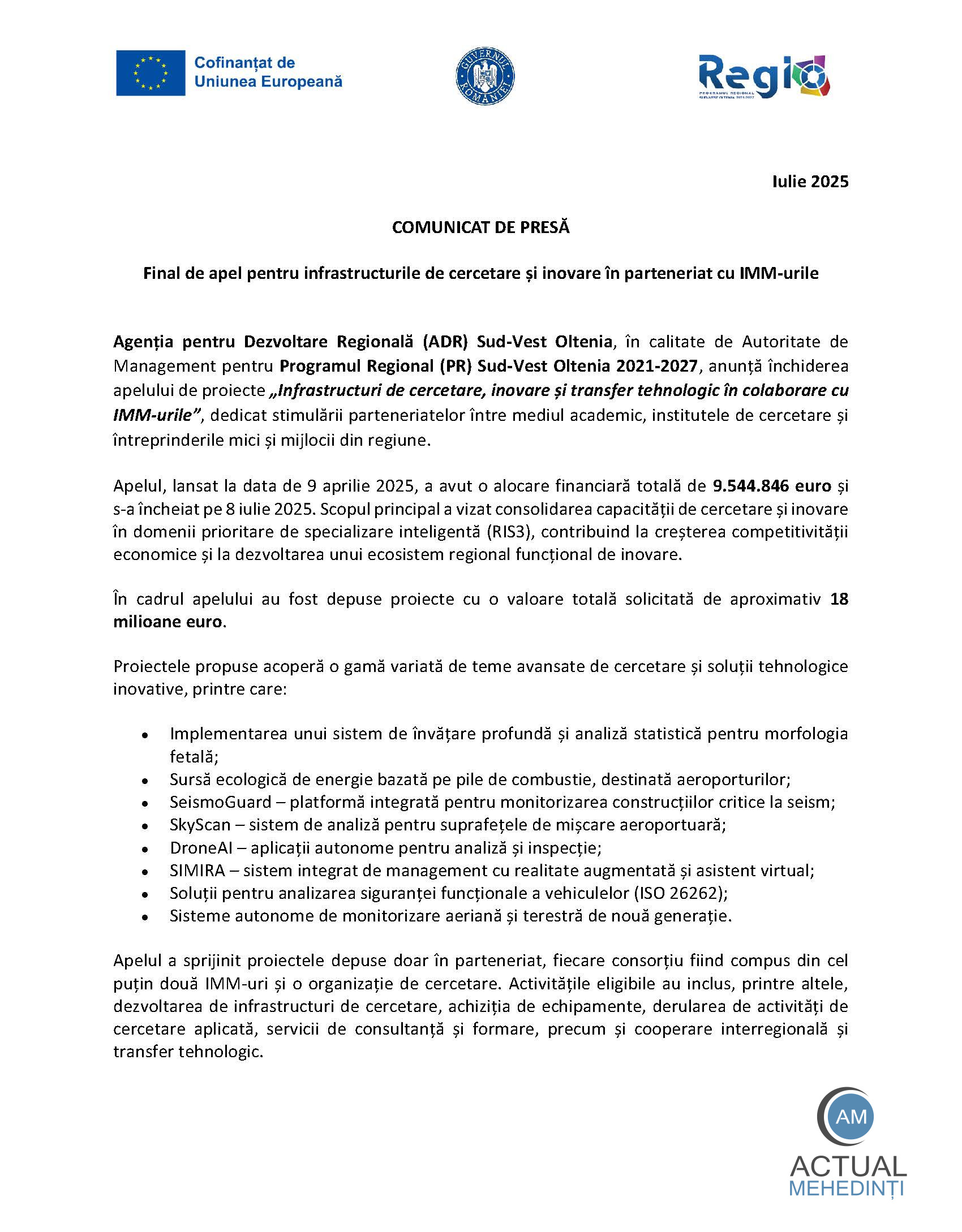 Final de apel pentru infrastructurile de cercetare și inovare în parteneriat cu IMM-urile